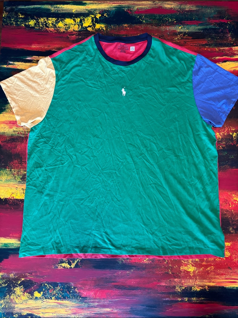 Polo by Ralph Lauren Green Colorblock Short Sleeve Tee with Blue & Cream Accents